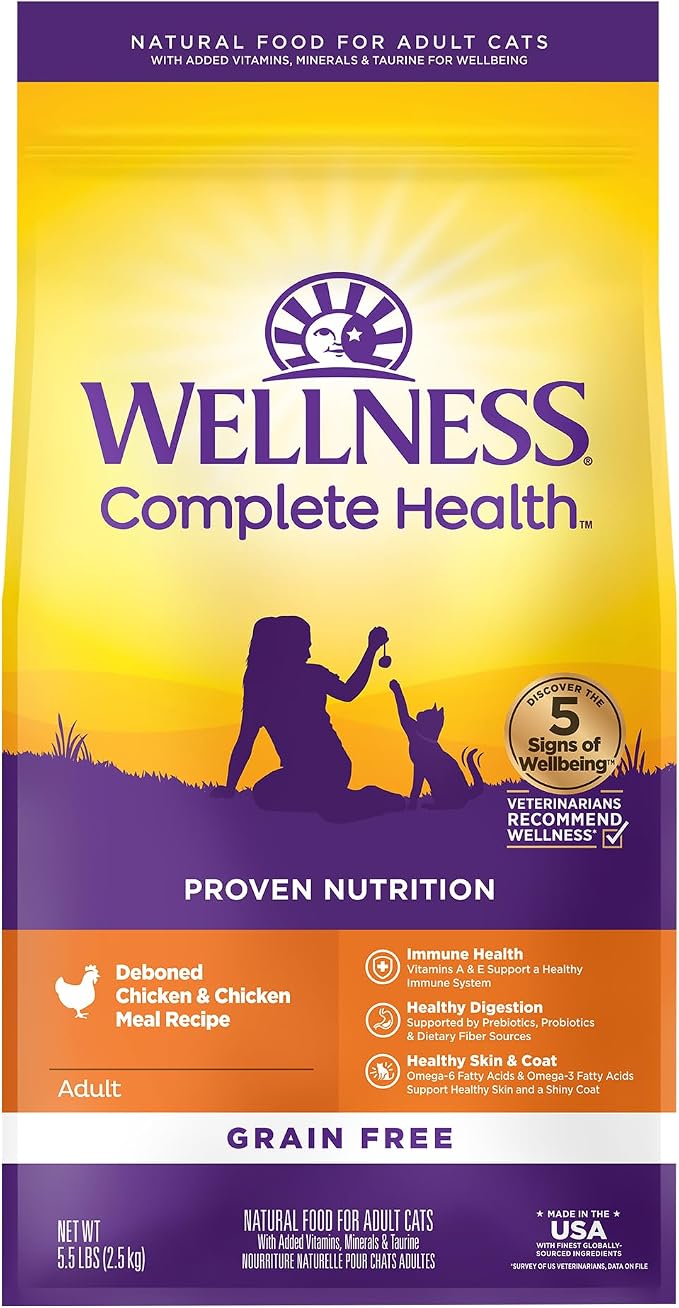 Wellness Complete Health Adult Dry Cat Food, Natural, Grain Free Kibble, Chicken Recipe, 5.5 lb Bag