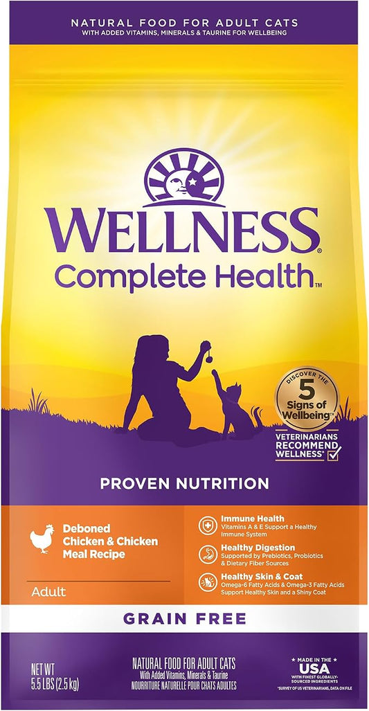 Wellness Complete Health Adult Dry Cat Food, Natural, Grain Free Kibble, Chicken Recipe, 5.5 lb Bag