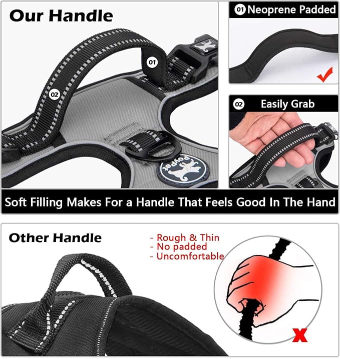 PoyPet Dog Harness No Pull, Reflective Adjustable No Choke Pet Vest with Front & Back Clips, Soft Padded and Control Training Handle for Large Dogs(Grey,XL)