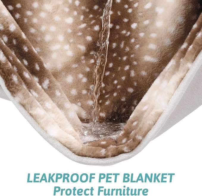 COZY KISS Waterproof Pet Blanket, Christmas Faux Fur Deer Print Blanket, Woman Sofa Bed Couch Throw, Liquid Pee Proof for Large Dog or Cat, Reversible, Washable, Ultra Soft, 40x60 inch, Brown