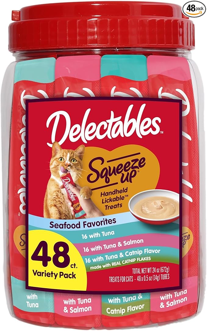 Delectables Squeeze Up Tuna with Salmon & Catnip Variety Pack, Creamy Squeezable Puree, Lickable Wet Cat Treats, Grain-Free, No Added Fillers, 0.5 Ounces Tube, 48 Tubes Total