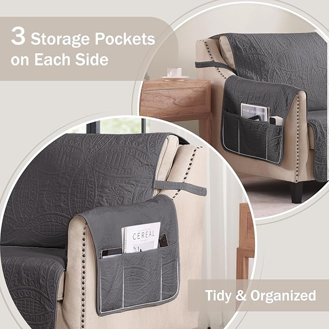 Soft Gray Loveseat Covers for 2 Cushion Couch, Water-Repellent Slip Covers for Sofa, Machine Washable Love Seat Quilted Couch Covers, Pet Friendly Loveseat Slipcovers (Loveseat 56", Gray)