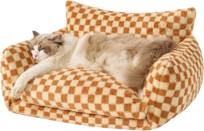 Hollypet Cat Bed Fluffy Plush Multifunctional Double-Layer Machine Washable Soft Warming Kitty Pet Couch Orthopedic Nest Beds for Small Cats Kitten and Dogs up to 13lbs, Brown ＆ Yellow(25x20x13in)