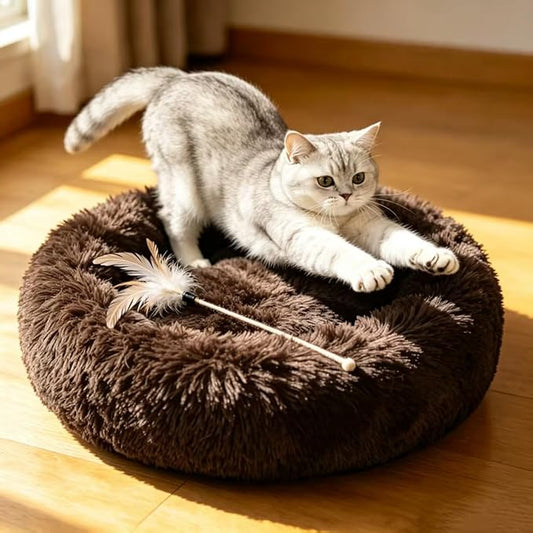 Cat Beds for Indoor Cats - Pet Beds Washable 24 inches, Dog Beds for Small Medium Dogs, Anti Anxiety Round Fluffy Plush Faux Fur Cat Bed, Thick Bottom (Coffee, Large 24" L x 24" W)