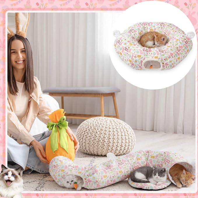 Aliceset Easter Bunny Cat Tunnel Bed for Indoor Cats 3ft x 3ft x 10in Foldable Cat Donut Tunnel with Washable Cushion Easter Rabbit Peekaboo Cave Toy for Small Kitten Kitty