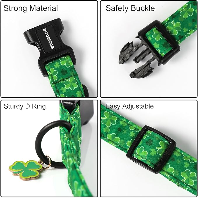 DOGWONG St. Patrick's Day Dog Collar, Cute Green Clover Dog Collars, Adjustable St. Patrick's Day Pet Collars Design Dog Collar with Quick Release Buckle for Boy Female Dogs