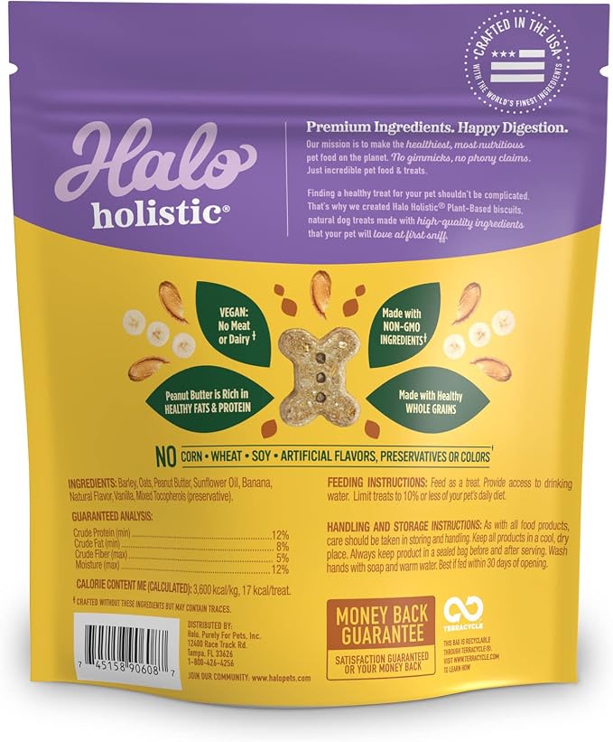 Halo Holistic Vegan Dog Treats, Plant-Based Dog Treat with Oats, Peanut Butter & Banana, Vegan Treat Pouch, 8 Oz Bag (Pack of 2)