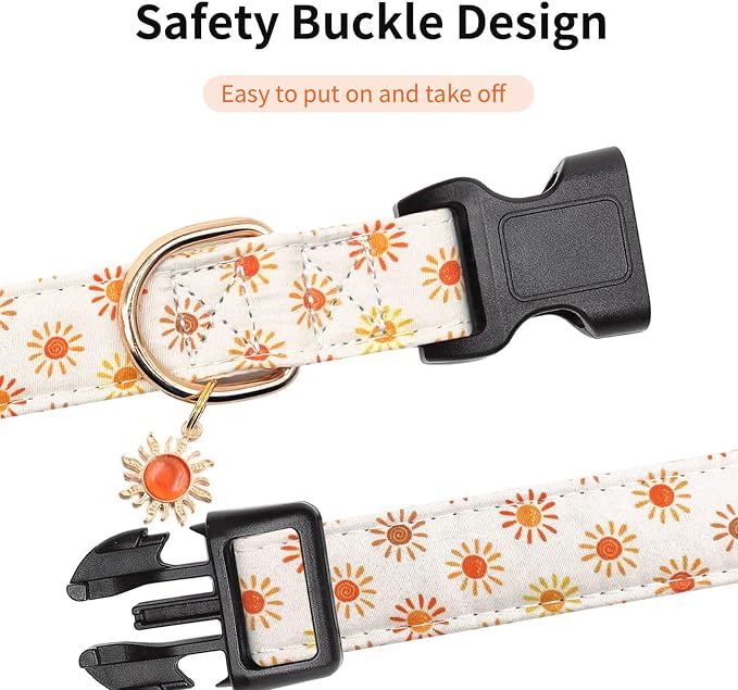 Personalized Dog Collars,Adjustable Puppy Collars with Safety Buckle for Small Medium Large Dogs,Cute and Unique Pink Cherry Pattern Pet Collar for Boy Girl Dogs. (Beige Sun, Medium)
