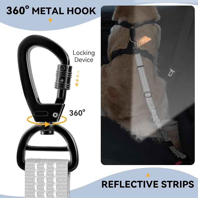Pawaboo 2Pack Dog Seatbelt for Car, 3-in-1 Dog Car Seat Belt, Shockproof Dogs Tether with Buckle & Hook Latch, Adjustable Reflective Dogs Cars Harness Leash with 360° Lockable Buckle, Gray & Black
