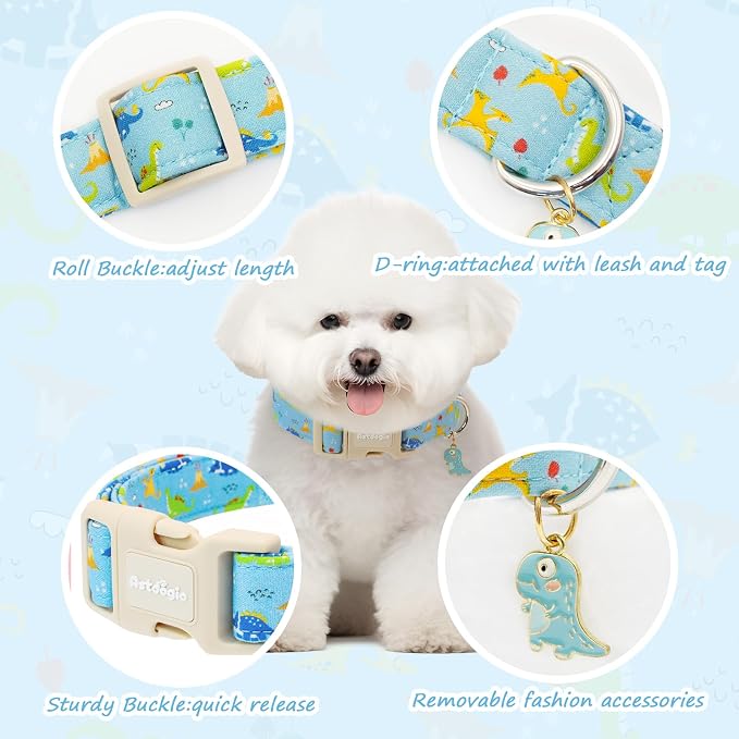 Dinosaur Dog Collar for Small Dogs, Cute Puppy Collars with Quick Release Buckle, Cotton Dog Collars for Small Medium Large Dogs, Fashion Pet Collar for Girl Boy Dog-S