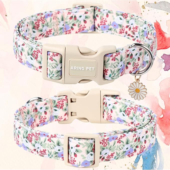 ARING PET Floral Dog Collar, Cute Purple Flower Spring Summer Pet Collars with Quick Release Buckle for Puppy Small Medium Large Boy Girl Dogs-M