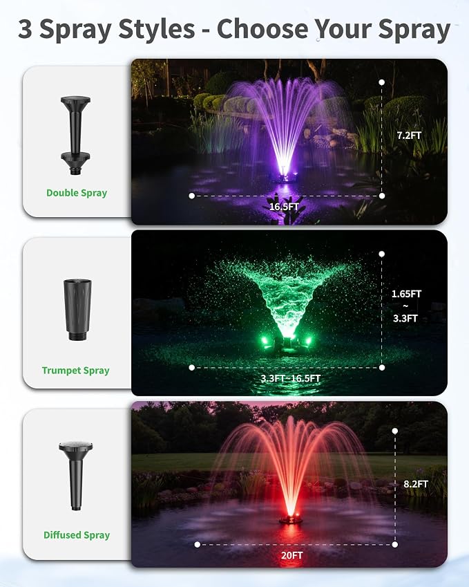POPOSOAP Floating Pond Fountain With LED Lights, Pond Fountain Aerator Complete Kit with 1600GPH Water Pump 50FT Power Cord, 3 Spray Styles for Ponds, Pool, Lakes & Water Gardens P155