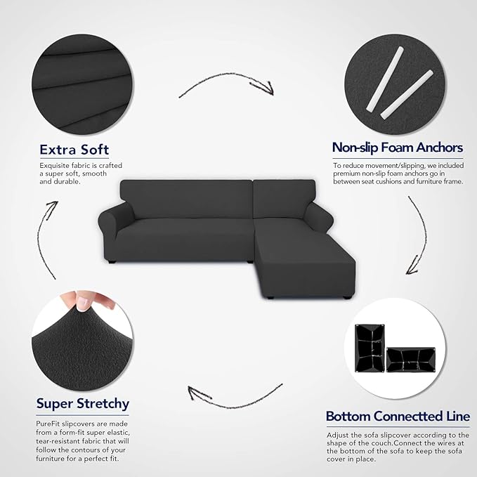 PureFit Super Stretch Sectional Couch Covers - 2 pcs Spandex Non Slip, with Elastic Bottom for L Shape Sectional Sofa Couches, Great for Kids & Pets (3 Seat Sofa + 3 Seat Chaise, Dark Gray)