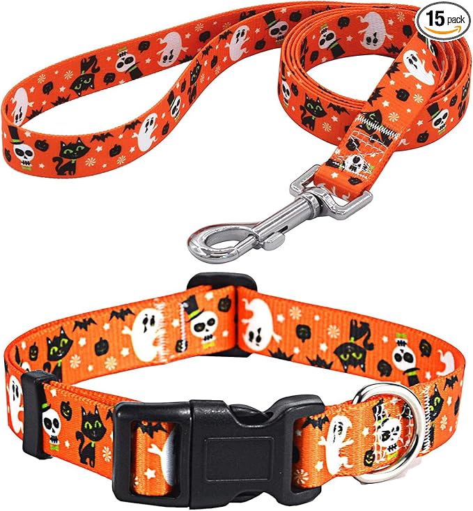 Mihqy Halloween Dog Collar and Leash Set - Pumpkin Bat Ghost Pattern - Adjustable for Small Medium Large Dogs(Halloween Set,L)