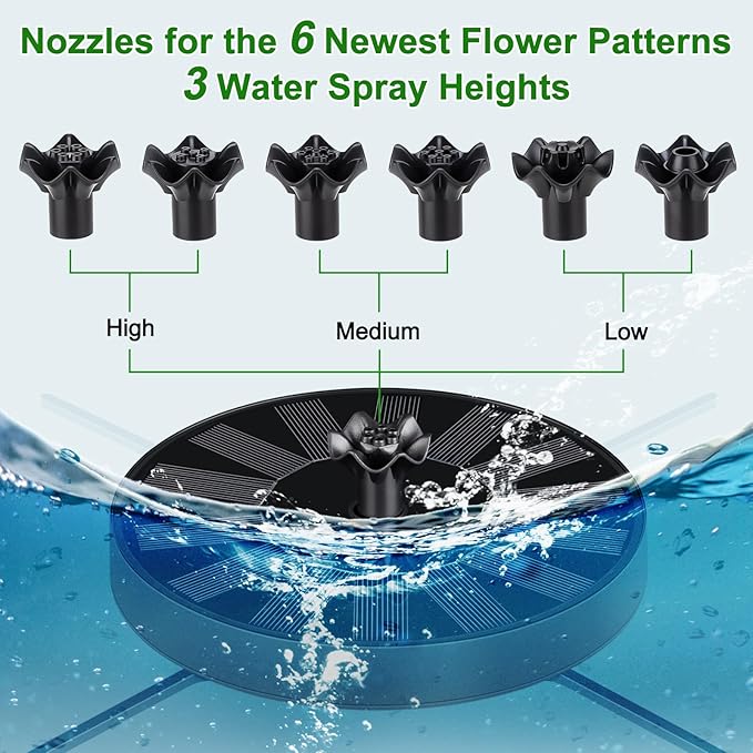 SEIRMEP Solar Fountain Pump with Spray Height Adjustment, Upgrade Glass Solar Bird Bath Fountains with 6 Nozzles, Outdoor Solar Water Fountain Pump for Bird Bath, Garden, Pool, Pond
