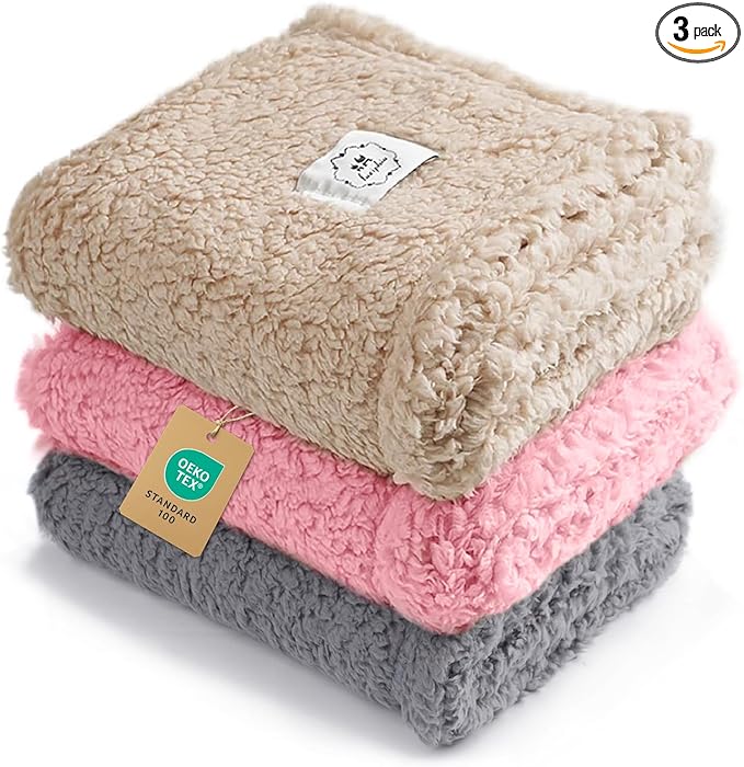 1 Pack 3 Calming Blankets Fluffy Premium Fleece Pet Blanket Soft Sherpa Throw for Dog Puppy Cat Beige/Pink/Grey Medium (30" x20")