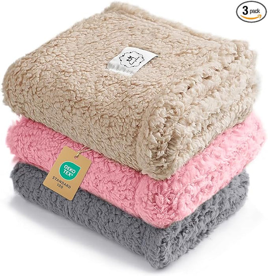 1 Pack 3 Calming Blankets Fluffy Premium Fleece Pet Blanket Soft Sherpa Throw for Dog Puppy Cat Beige/Pink/Grey Medium (30" x20")