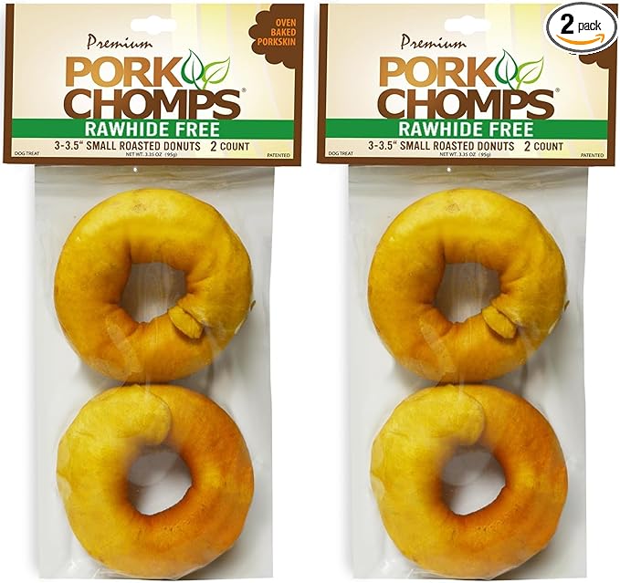 Pork Chomps Roasted Pork Skin Dog Chews, 3 Inch Donuts, Real Chicken, 2 Count, Pack of 2 - Long-Lasting Treats for Dogs - High Protein, Rawhide-Free, Low Fat, Healthy & Delicious Chews