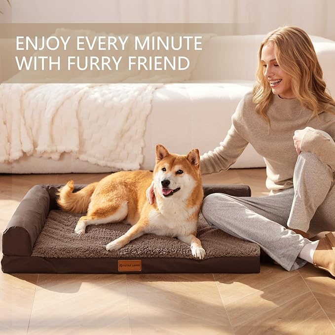 Patas Lague Orthopedic Dog Bed Large Sized Dog 36''X24'', Waterproof L Bolster Medium Pet Sofa Beds with Removable Washable Cover, Soft Pet Couch Crate Mat with Nonskid Bottom, Brown