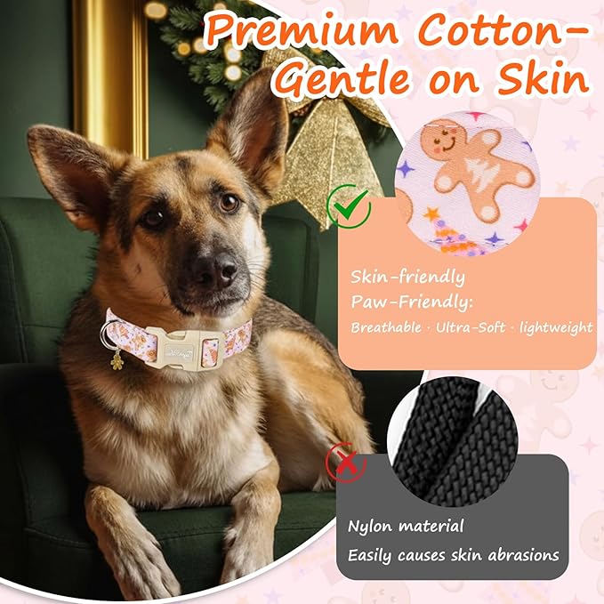 Christmas Dog Collar for Medium Dogs, Adjustable Exquisite Pink Dog Collar with Christmas Gingerbread Man Cartoon Pattern, Winter Holiday Pet Gift for Girl Boy Dogs-M