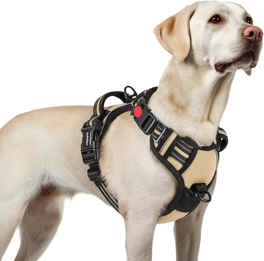 rabbitgoo Dog Harness for Large, No Pull Easy On & Off with 3 Buckles Pet Harness, Adjustable Soft Walking Vest with 2 Clips and Handle, Reflective for Large Dogs, Beige, L