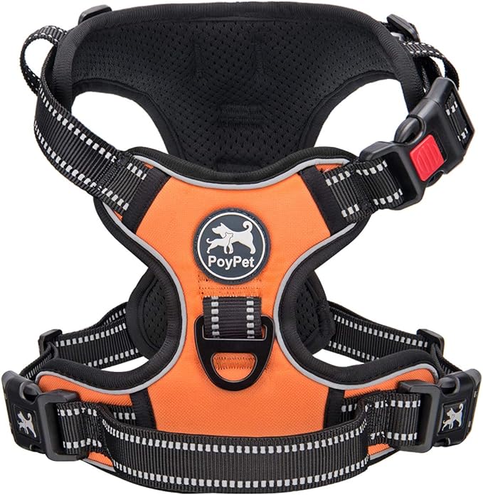 PoyPet No Pull Dog Harness, No Choke Front Lead Dog Reflective Harness, Adjustable Soft Padded Pet Vest with Easy Control Handle for Small to Large Dogs(Orange,M)