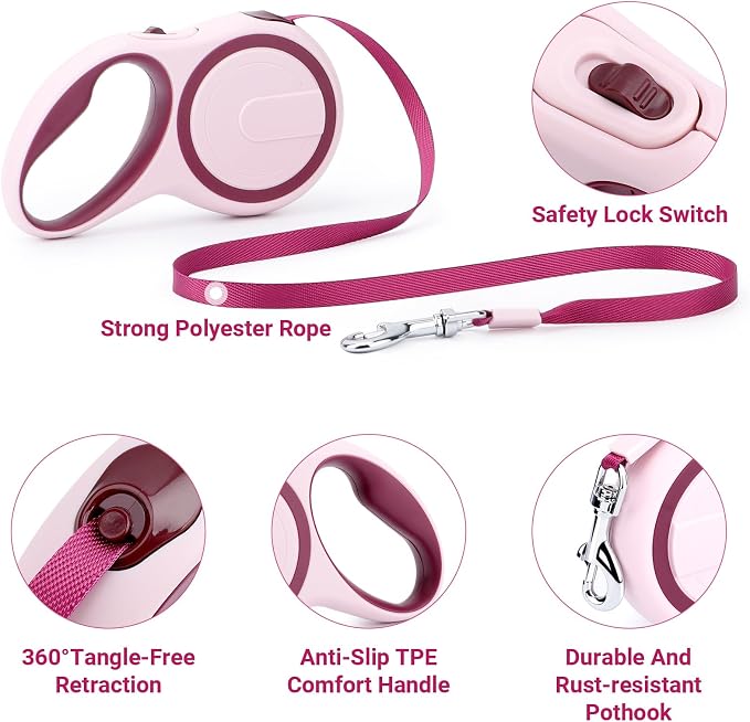 Segarty Dog Retractable Leash, 16ft Heavy Duty Walking Dog Leash for Medium Small Pet up to 44lb, Anti-Slip Handle 360°Tangle-Free Nylon Tape, 1-Handed 1 Button Lock and Release (Pink Wine)