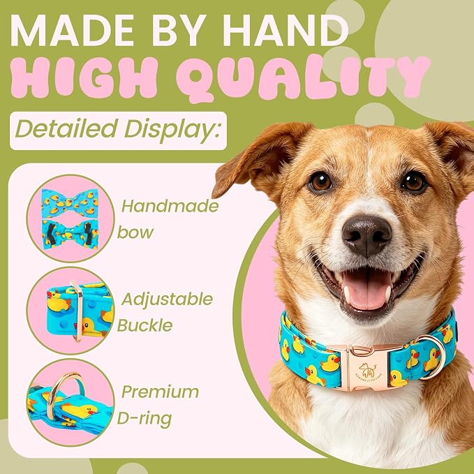Elegant little tail Boy Dog Collar, Duck Pet Collars with Bow for Small Dogs, Sturdy Buckle Soft Cotton Bowtie Fabric Summer Adjusatble Dog Collar for Small Medium Large Dogs