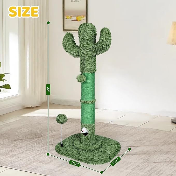 Tall Cat Scratching Post for Indoor Cats Adults, Cat Scratch Post with Sisal Rope Claw Scratcher, Solid Wood Cat Tower with Scratching Post and Cat Toys Mouse Hole,Cactus Small Cat Tree(Green Cactus)