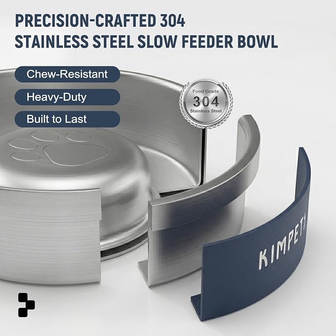 Dog Slow Feeder Bowl Slow Eating Dog Bowl Slow Feeder Dog Bowls 304 Stainless Steel Double Wall Durable Non-Slip Rubber Base - Blue