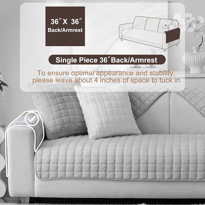 Velvet Washable Couch Cover for Pets Dogs, Non Slip Sectional Sofa Covers for 3 Cushion Couch Sofa L Sharped Sofa Arm Slipcover, Furniture Protector Covers(1 PCS 36"x36" Light Grey)