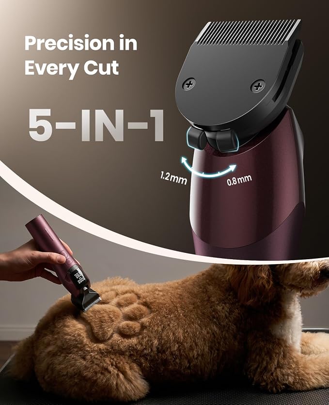 oneisall Dog Clippers for Grooming Thick Hair, Professional 9000RPM 5 Speed with 5 in 1 DLC Blade, 280min Cordless, Low Noise Dog Grooming Kit with 8 Metal Combs Carring Case for Dogs Cats Pet