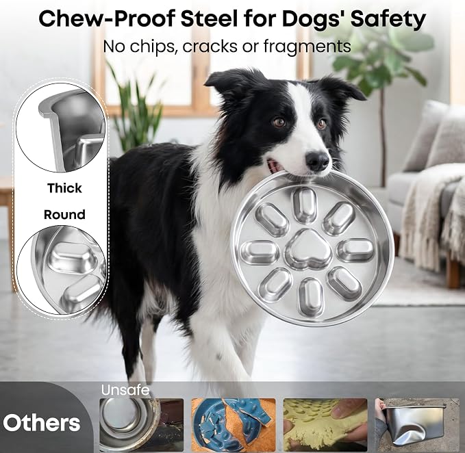 Elevated Slow Feeder Dog Bowl for Small Medium Breed Puppies, 2 Cup 304 Stainless Steel Maze Food Dish for Fast Eaters, Non Slip Raised Doggy Metal Plate with 5.5 Inch Stand, Non Gobbling, Neck Relief