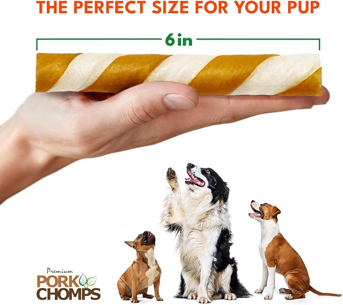 Pork Chomps Baked Pork Skin Dog Chews, 6 Inch Twists, 4 Count - Peanut Butter Wrap - Long-Lasting Treats for Dogs - High Protein, Rawhide-Free, Low Fat, Healthy & Delicious Chews