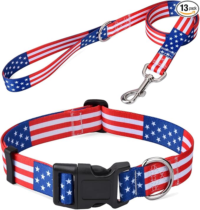 Mihqy American Flag Dog Collar and Leash Set- Patriotic, US Flag Pattern, Star & Stripes, Fourth of July Dog Collar, Adjustable for Small Medium Large Dogs(Classic US Set,S)