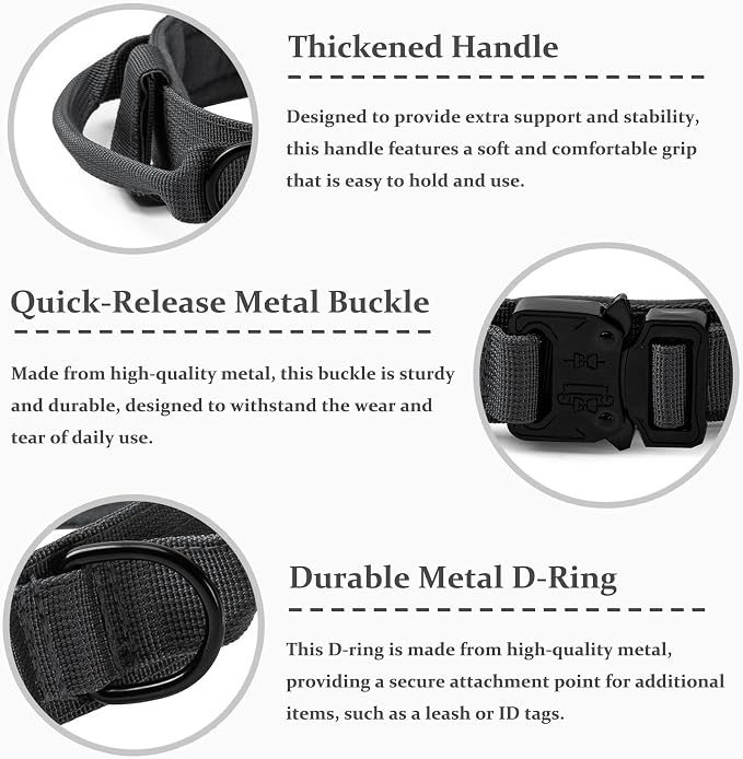 Tactical Dog Collar, Adjustable Military Training Nylon Dog Collar with Control Handle and Heavy Quick-Release Metal Buckle for Small Medium Large Dogs, Grey S