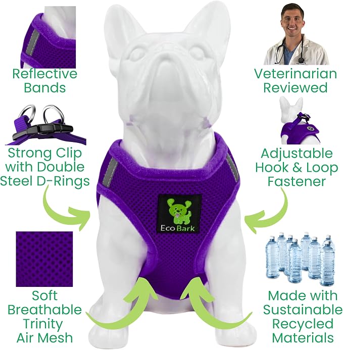 EcoBark Step in Dog Harness Vest - Reflective Soft Ultra Padded Mesh Dog Harnesses for XXS, XS, Small, and Medium Dogs Eco-Friendly Comfort Secure Halter No Pull Adjustable Pet Vest (Small, Purple)