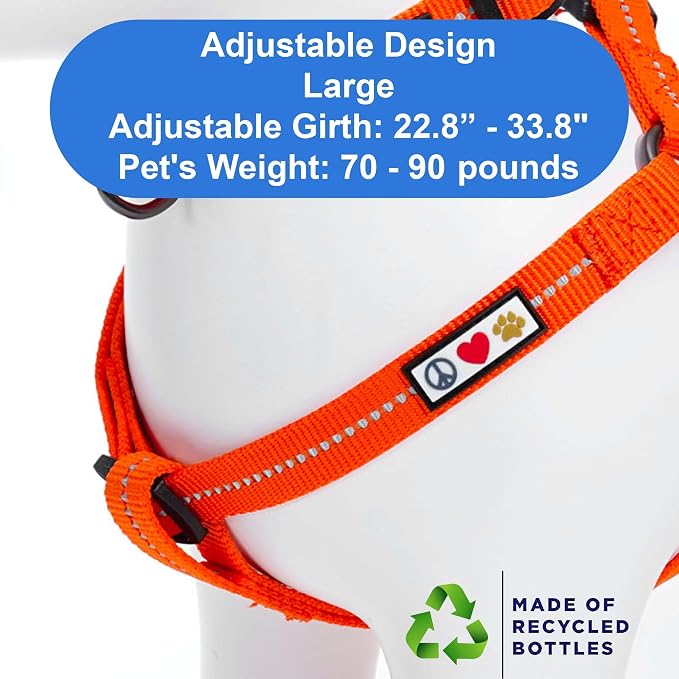 Pawtitas Recycled Reflective Step-in Dog Harness – Adjustable No-Pull Vest for Puppies to Seniors, Safe & Comfortable L Orange