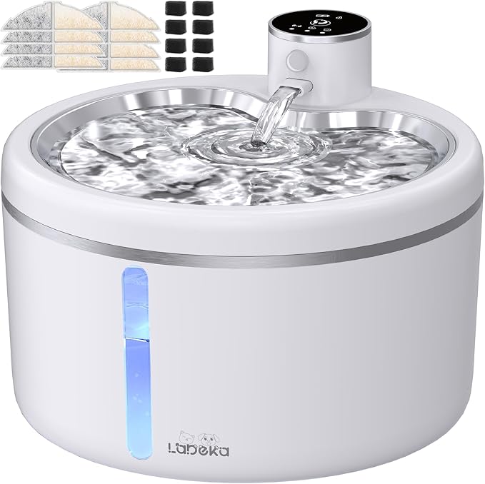 Wireless Cat Water Fountain-[Stainless Steel Tray], 102oz/3L Pet Water Fountain for Cats Inside, Cat Fountain for Drinking with Motion Sensor, Ultra Quiet Pump, Cats & Dogs Gifts (102oz+8Filters)