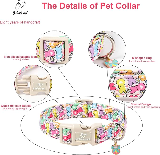 Easter Dog Collar for Medium Dogs - Colorful Bunny Print Easter Collar for Male Female Dogs, Lightweight Adjustable Spring Holiaday Dog Collars with Quick Release Buckle M