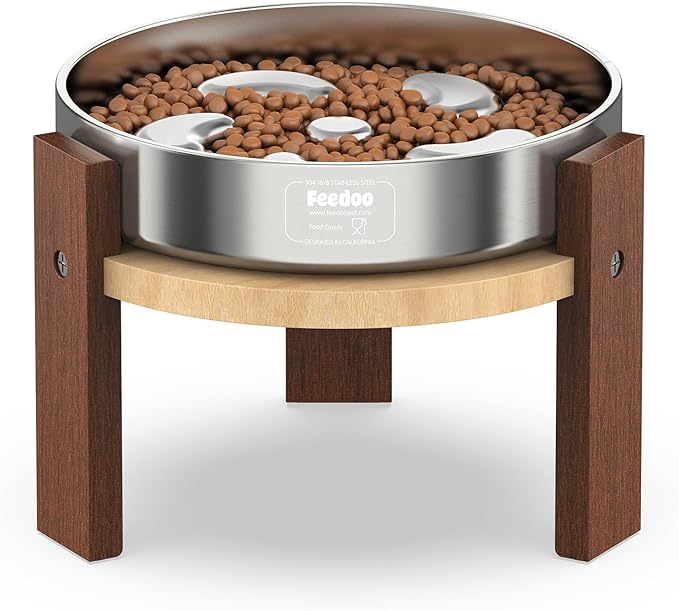 Elevated Dog Bowl Stand, 6'' Height Raised Stand for Medium Dogs, Includes 2Cups Stainless Steel Slow Feeder Dog Bowl, Durable Solid Hardwood