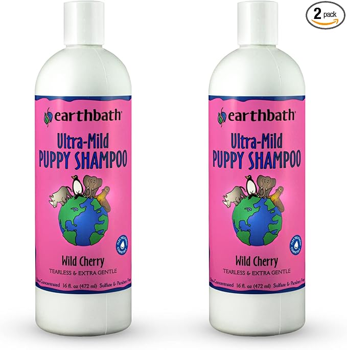 earthbath, Ultra-Mild Wild Cherry Puppy Shampoo - Extra Gentle & Tearless Dog Shampoo, Made in USA, Deodorizing Dog Wash, Cruelty Free Puppy Supplies, Shampoo for Smelly Dogs - 16 Oz (2 Pack)
