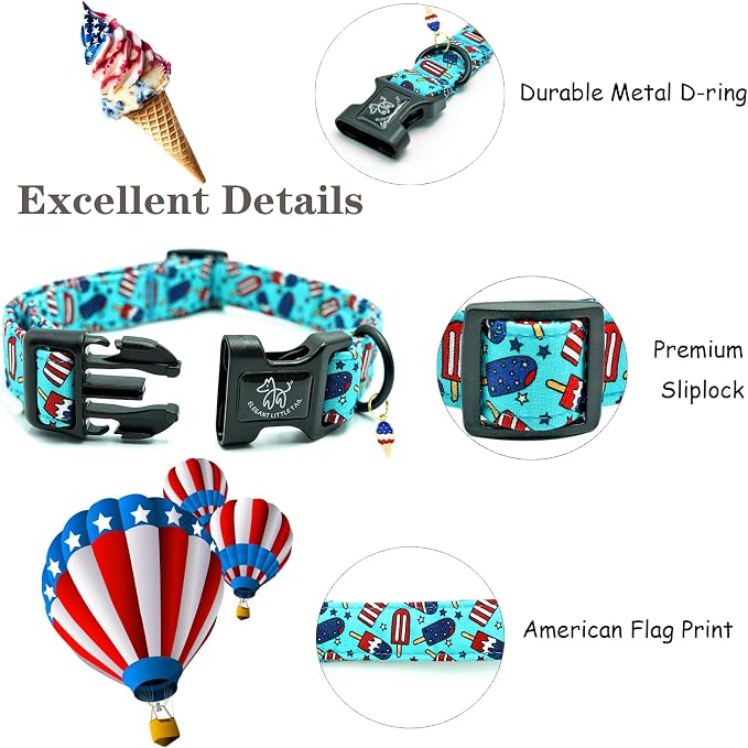 Elegant little tail Independence Dog Collar, 4th of July Holiday Pet Collars Cotton Patriotic Puppy Girl or Boy Soft Pet Gift Adjustable Dog Collar for Small Medium Large Dogs