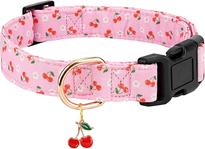 Personalized Dog Collars,Adjustable Puppy Collars with Safety Buckle for Small Medium Large Dogs,Cute and Unique Pink Cherry Pattern Pet Collar for Boy Girl Dogs. (Pink Cherry, L)
