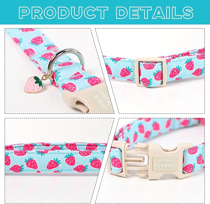 Unique style paws Dog Collar Plastic Buckle with Pendant Puppy Collar for Spring Summer Blue Strawberry for Small Medium Large Boys Girls Dogs