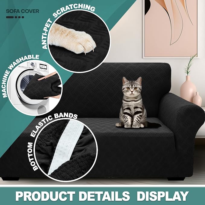 YEMYHOM Couch Cover Latest Jacquard Design High Stretch Extra Large Sofa Covers Pet Dog Cat Proof Oversized Slipcover Non Slip Magic Elastic Furniture Protector (X-Large, Leaf Patten Black)
