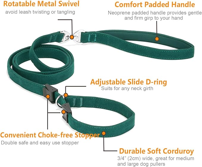 Slip Lead Dog Leash,Soft Corduroy 6 FT Dog Training Leash for Medium Large Dogs,No Pull Slip Leash and Collar with Padded Handle,Dark Green