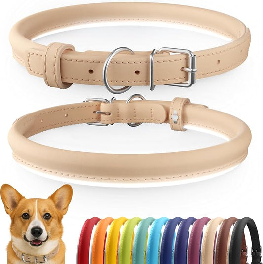 CollarDirect Reflective Rolled Leather Dog Collar, Soft Padded Round Puppy Collar, Handmade Genuine Leather Collar Dog Small Large Cat Collars 13 Colors (11-14 Inch, Beige Reflective)