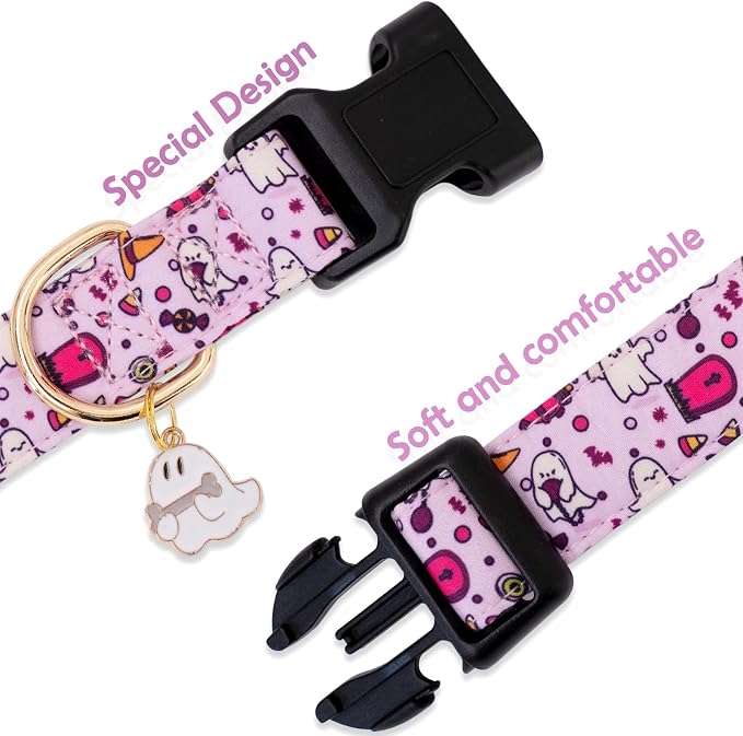 Faygarsle Fall Dog Collar Adorable Ghost Pattern Halloween Collar for Dogs Autumn Collar for Small Medium Large Female and Male Dogs Cute Neckwear for Dogs Purple Collar for Boy Girl Dogs XS