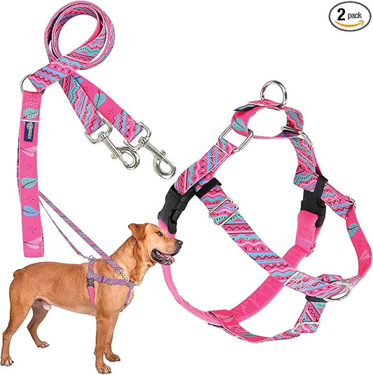2 Hounds Design - Freedom No-Pull Harness & Training Leash in Pink and Blue | Dual Leash Loops, No Pulling on Walks | Lined to Prevent Chaffing | for Large Sized Dogs (Size M, Chest 24”- 28”)